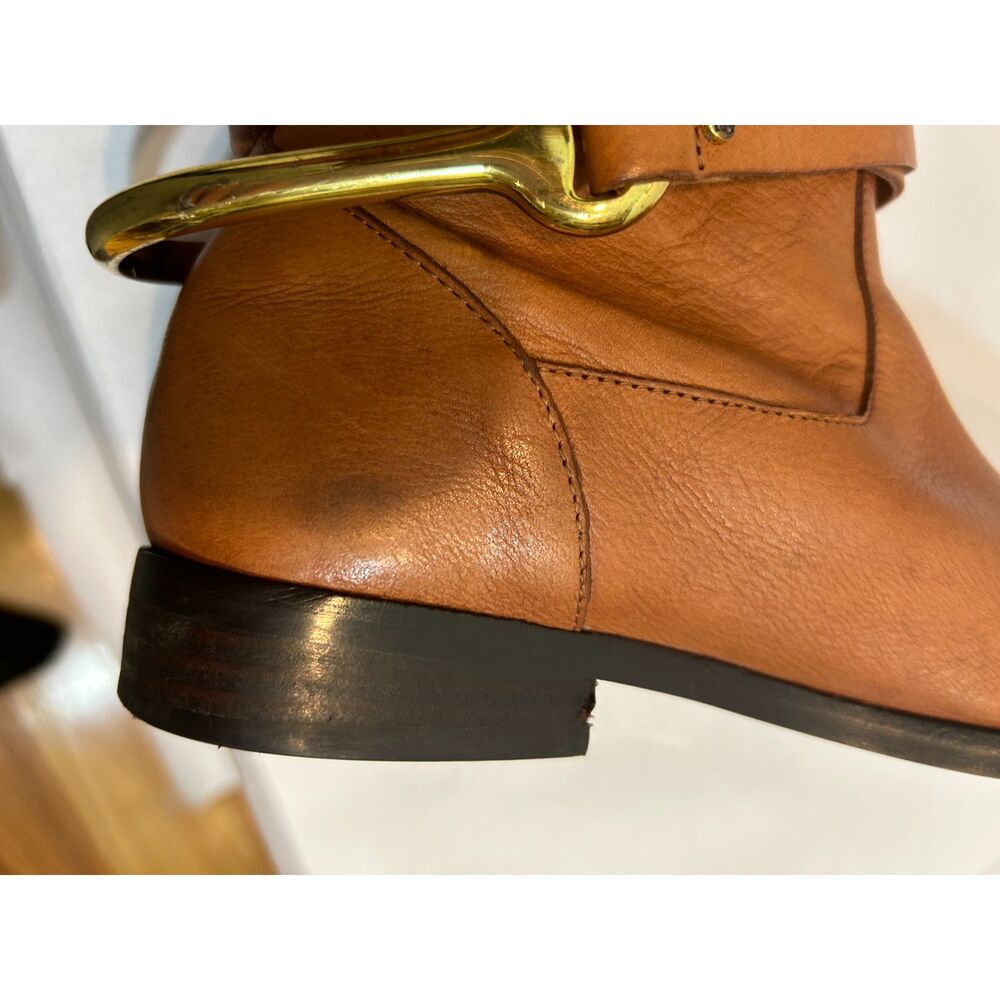 Ralph Lauren Jenny Tall Equestrian Gold Stirrup Cognac Leather Boots Size 6B - Picture 12 of 14